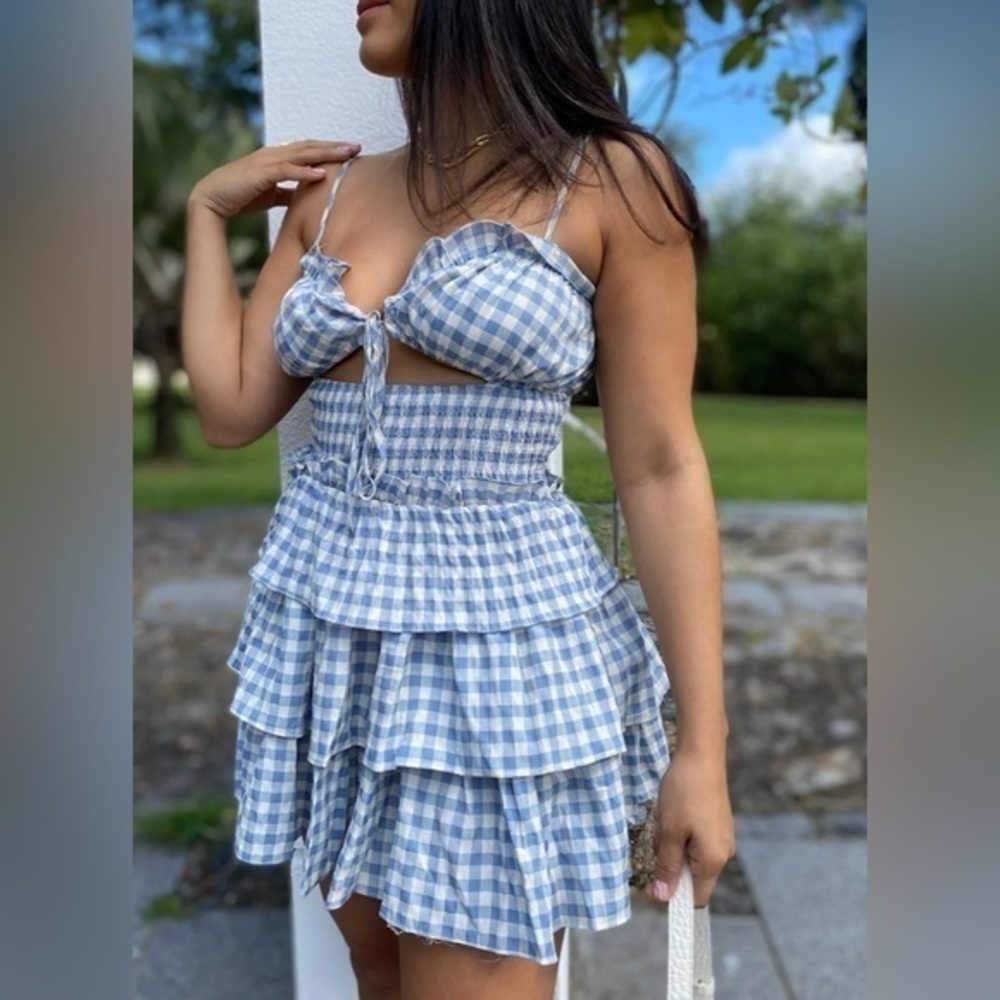 NEW Quiet Storm Mable Blue white gingham ruffle mini dress size small